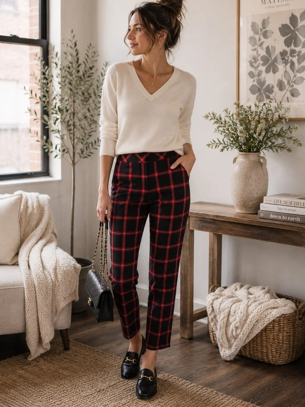 Trina Turk Red Black Plaid Cropped Ankle Pants Size 6 Career Holiday Preppy Chic